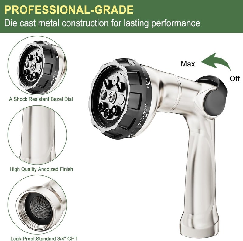 Fanhao Professional Heavy Duty Garden Hose Nozzle, 100% Metal Thumb Control Water Hose Sprayer with 8 Spray Patterns, High Pressure Water Nozzle for Lawn & Plant Watering, Car & Pet Washing - Image 3